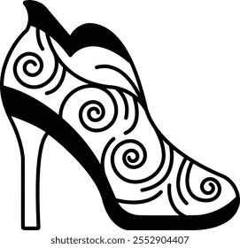 A cartoon drawing of a black and white patterned shoe with a heel