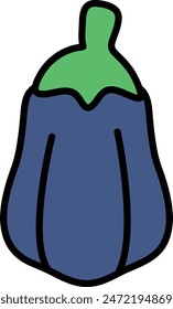 A cartoon drawing of a blue eggplant with a green stem. The eggplant is drawn in a stylized way, with a cartoonish appearance. Scene is lighthearted and playful
