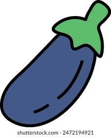 A cartoon drawing of a blue eggplant with a green stem. The eggplant is drawn in a stylized way, with a cartoonish appearance. Scene is lighthearted and playful