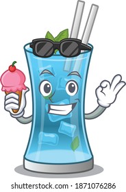 A cartoon drawing of blue hawai cocktail holding cone ice cream