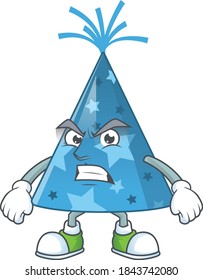 cartoon drawing of blue party hat showing angry face. Vector illustration