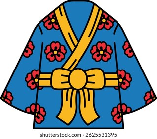 A cartoon drawing of a blue and yellow kimono with red flowers. The kimono is open and the flowers are scattered all over the front