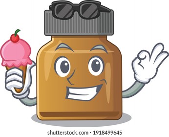 A cartoon drawing of bottle vitamin b holding cone ice cream