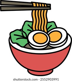 A cartoon drawing of a bowl of ramen noodles with eggs and green vegetables. The bowl is red and the noodles are long and thin. Scene is lighthearted and playful