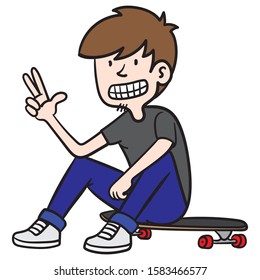 Cartoon Drawing Of A Boy With Brown Hair Sitting On A Skateboard, Laughing And Holding Up Three Fingers. Comic, Learn To Pay, Greet.