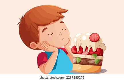 Dibujo de caricatura de un niño con una hamburguesa. Ilustración plana vectorial.