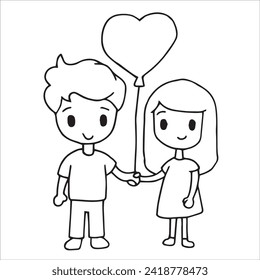 cartoon drawing of a boy and a girl with a heart-shaped balloon. Valentine's Day, love, relationships
