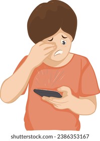 Cartoon drawing of a boy who has eye strain, pain around the eyes, or eye strain from looking the phone for a long time. vector illustration.