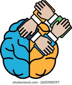 A cartoon drawing of a brain with two hands on it. The hands are holding a book and a cell phone. Concept of collaboration and the importance of using technology and knowledge to work together