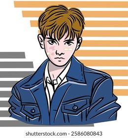 Cartoon, drawing brown haired man wearing a blue shirt, vector