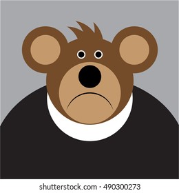 cartoon drawing - brown sad bear with a big ears and black shirt on a gray background