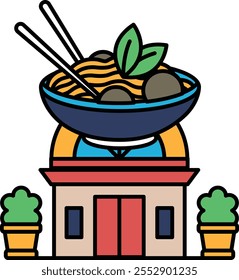 A cartoon drawing of a building with a bowl of noodles on top of it. The building is surrounded by potted plants and has a red door