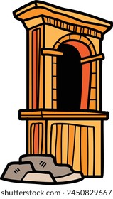 A cartoon drawing of a building with a door and a window. The building is on top of a pile of rocks