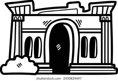 Eine Cartoon-Zeichnung eines Gebäudes mit einer Tür und einem Fenster. Das Gebäude steht auf einem Felshaufen