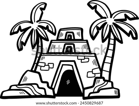 A cartoon drawing of a building with a door and a window. The building is on top of a pile of rocks