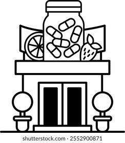 A cartoon drawing of a building with a jar on the roof