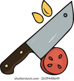 A cartoon drawing of a butcher knife slicing a tomato, with two seeds floating above.