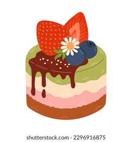 Cartoon drawing of a cake with a strawberry and blueberries on it. Cute strawberry dessert flat vector. Delicious sweet dessert with strawberry flavor for Valentine day. Vector illustration