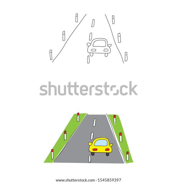 cartoon drawing of a car on\
the road