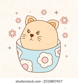 a cartoon drawing of a cat in a blue and white cup with  flowers on it, cat, cartoon, drawing, cup, flowers, blue, white, cute