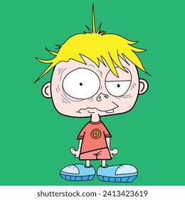 a cartoon drawing of a character with exaggerated features, wearing a red t-shirt and blue shoes, against a green background. The character has messy yellow hair, large and asymmetrical eyes