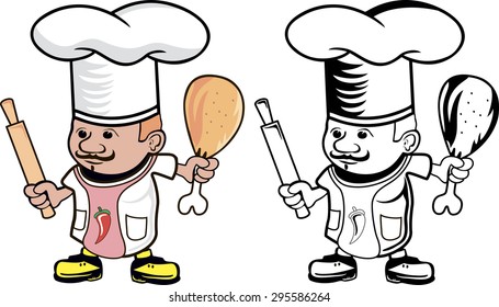 Cartoon drawing of a chef cook with rolling pin and chicken leg