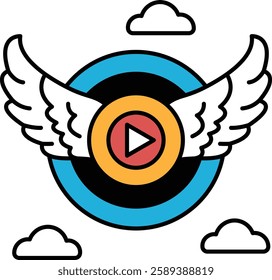 A cartoon drawing of a circle with a red and yellow arrow pointing to the right. The circle is surrounded by wings and is placed in the middle of a cloudy sky