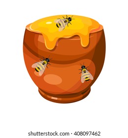 Cartoon drawing of a clay pot with honey and bees. Vector illustration