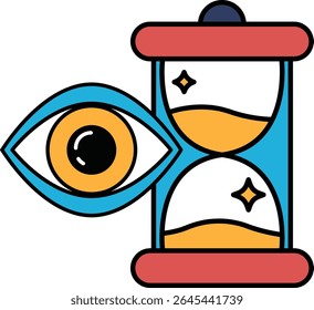 Un dibujo de dibujos animados de un reloj con una cara. La cara es un ojo y el reloj es naranja y azul