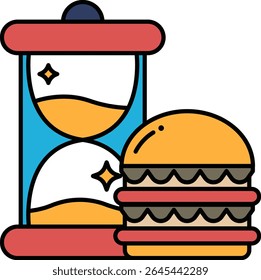 A cartoon drawing of a clock and a hamburger. The hamburger is large and has a lot of toppings. The clock is small and has a red and blue design. Scene is playful and fun