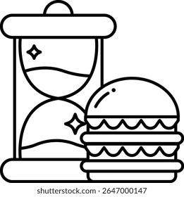 A cartoon drawing of a clock and a hamburger. The hamburger is large and has a lot of toppings. The clock is small and has a red and blue design. Scene is playful and fun
