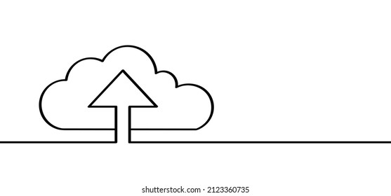 Dibujo de dibujos animados de la nube con flecha. Icono o pictograma del servicio de nube. Backup, carga de nube, concepto informático. Cargar datos, red, logotipo del servidor. Para Internet web. Patrón de línea