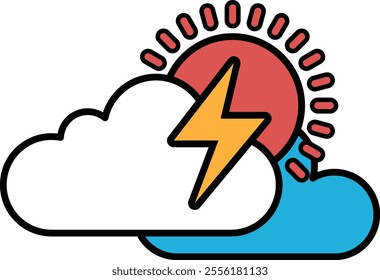 A cartoon drawing of a cloud with a lightning bolt and a sun. Scene is bright and energetic, as the sun shines through the cloud and the lightning bolt adds a sense of power and excitement