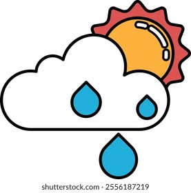 A cartoon drawing of a cloud with rain falling from it. The sun is shining through the clouds, creating a bright and cheerful atmosphere