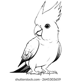 A cartoon drawing of a cockatoo, isolated on a white background. The bird has a distinctive crest and a cute, friendly expression. The drawing is in black and white.