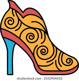 A cartoon drawing of a colorful, patterned shoe with a blue heel. The shoe is orange and red, with a blue stripe on the side. The design is whimsical and playful, and the colors are bright