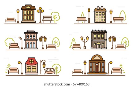 Cartoon drawing coloring facade and adjacent parks. Outline stylized vector cityscape template. Park and city design landscape thin linear elements. Retro color city illustrations set