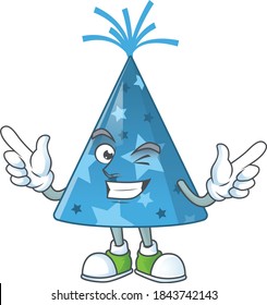 Cartoon drawing concept of blue party hat showing cute wink eye. Vector illustration