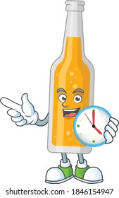 cartoon drawing concept of bottle of beer with a circle clock. Vector illustration