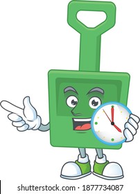 cartoon drawing concept of green sand bucket with a circle clock. Vector illustration