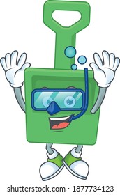 cartoon drawing concept of green sand bucket wearing cool Diving glasses ready to swim. Vector illustration