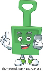cartoon drawing concept of green sand bucket speaking with friends on phone. Vector illustration