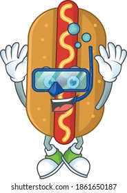cartoon drawing concept of hotdog wearing cool Diving glasses ready to swim. Vector illustration