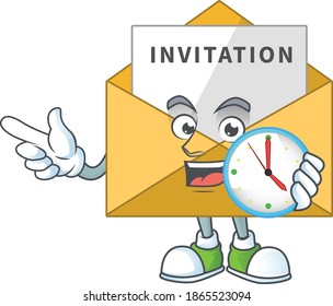 cartoon drawing concept of invitation message with a circle clock. Vector illustration
