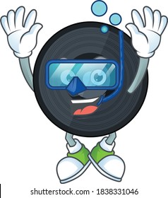 cartoon drawing concept of music viynl disc wearing cool Diving glasses ready to swim. Vector illustration