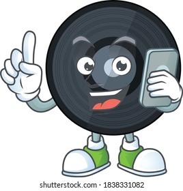 cartoon drawing concept of music viynl disc speaking with friends on phone. Vector illustration