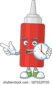 cartoon drawing concept of sauce bottle with a circle clock. Vector illustration