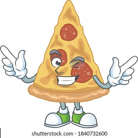 Cartoon drawing concept of slice of pizza showing cute wink eye. Vector illustration
