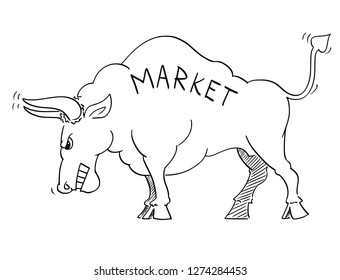 Cartoon drawing conceptual illustration of angry bull as symbols of rising market prices.