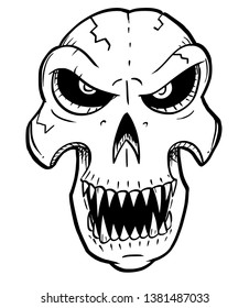 Cartoon drawing conceptual illustration of angry monster skull with sharp teeth looking front.